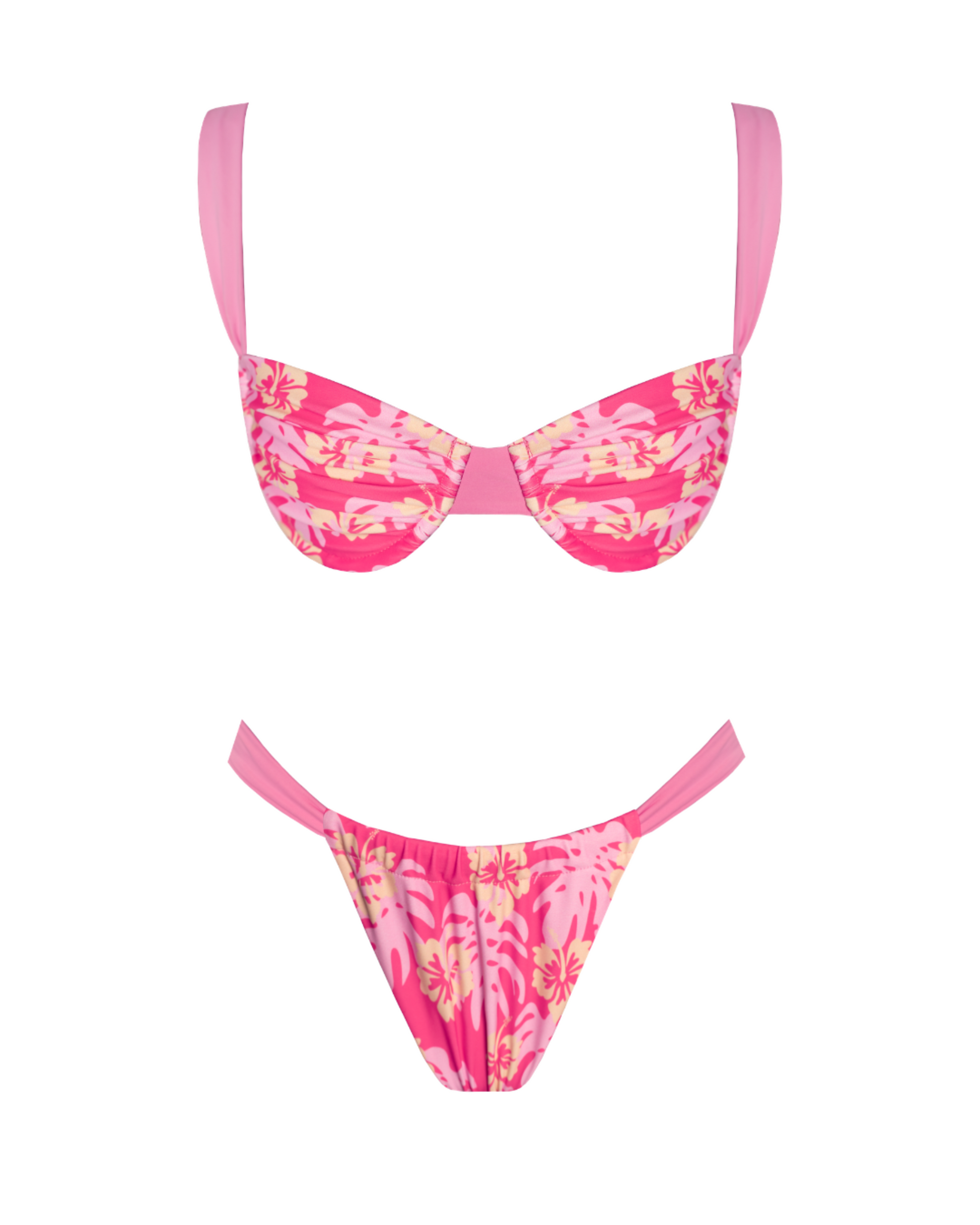 A coral pink adjustable style bikini bottoms with light pink and yellow hibiscus design 