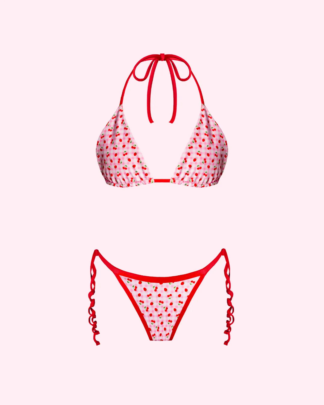 Woman displaying a red bikini triangle top and tie bottoms
